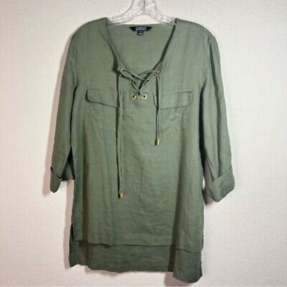 Ellen Tracy Company Womens Lace Up‎ Tunic Top Size S Green Roll Up Sleeve linen - Picture 1 of 6